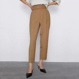 Zara Tan Belted Tapered Trousers - Size US S